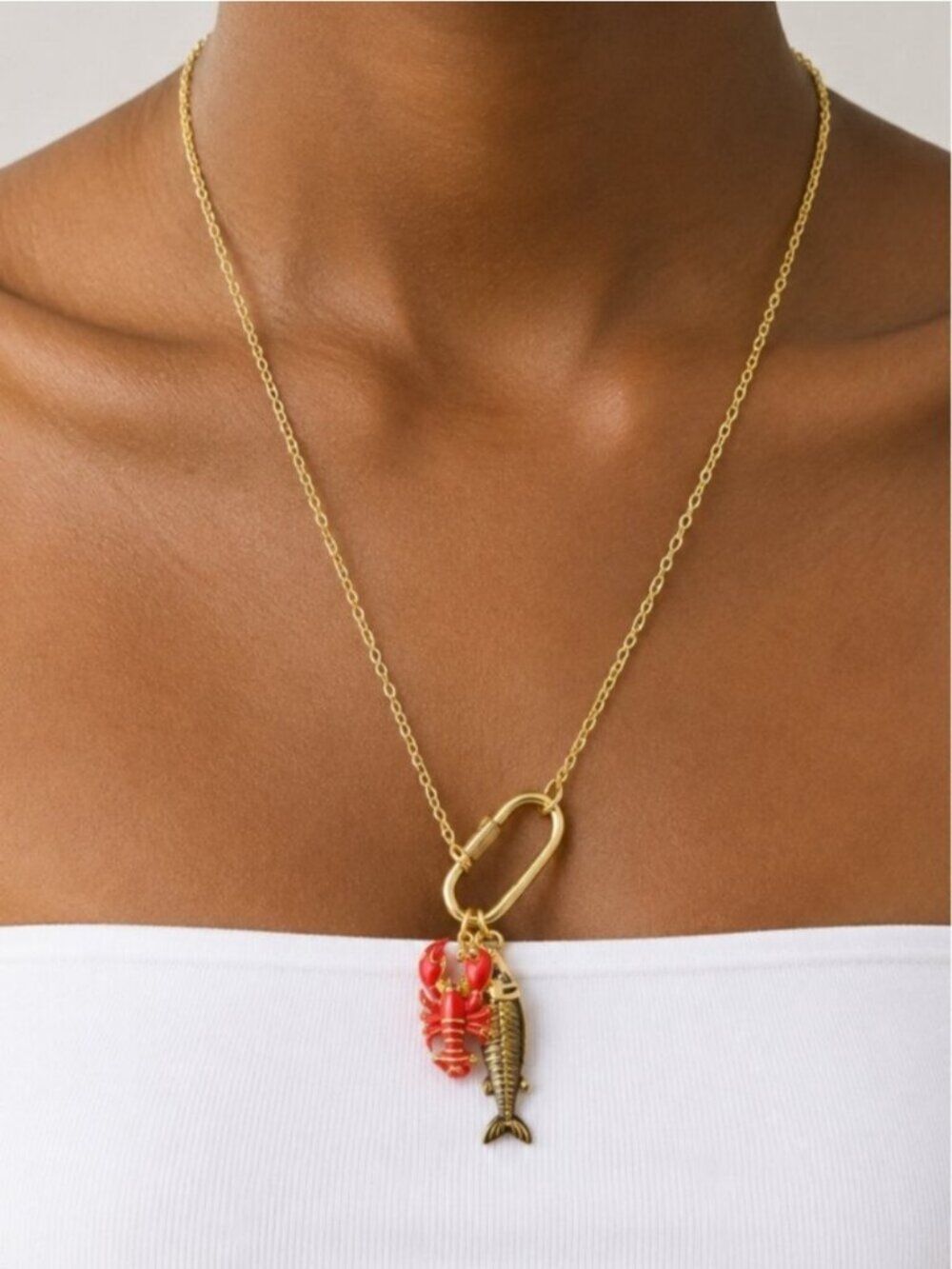New! Coastal Gold Carabiner Lobster Fish Sardines Necklace NWOT